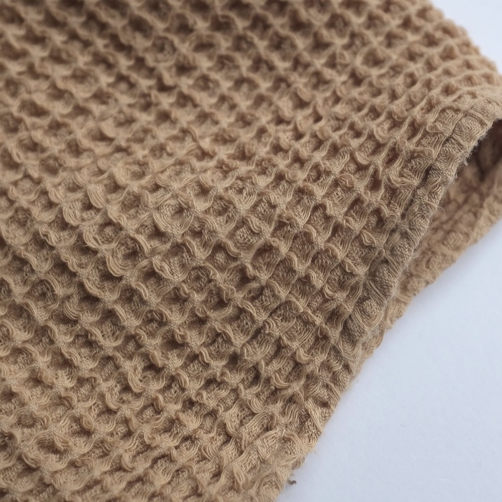 DONNI. Waffle Roll Pants in Lychee Cozy Tan Knit Wide-Leg Pants - Picture 5 of 8